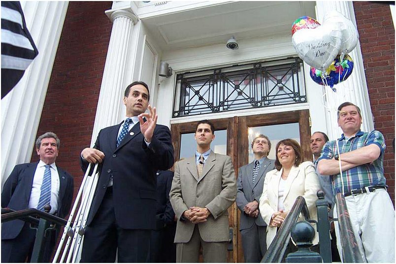 Somerville Mayor Joe Curtatone welcomes same-sex couples to City Hall
